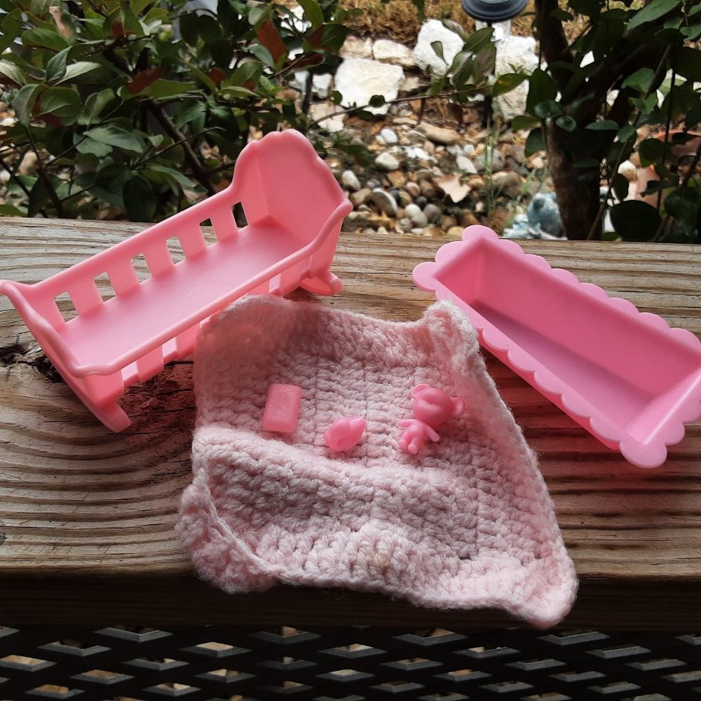 Vintage 1970s Barbie Pink Cradle with Accessories